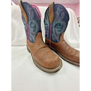 Ariat Western Boots Brown Leather Pink Stitch Square Toe Cowgirl Womens 9.5